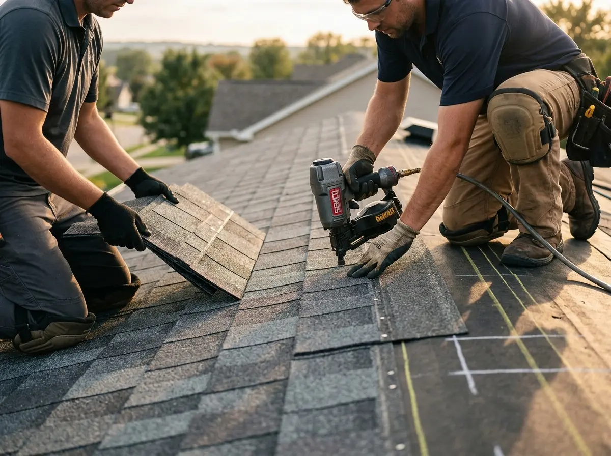 Professional roofer working on a residential roof in Fremont